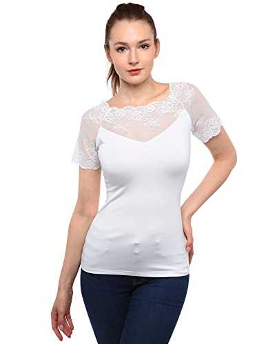 AmélieBoutik Women Floral Lace Scalloped Boat Neck Raglan Short Sleeve Inset V Neck Blouse Top