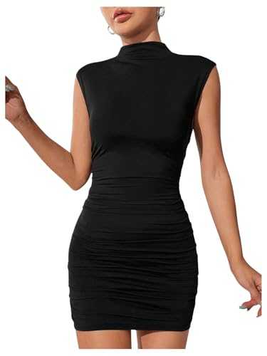 GORGLITTER Women's Elegant Bodycon Pencil Mini Dress Mock Neck Cap Sleeve Ruched Tank Dresses