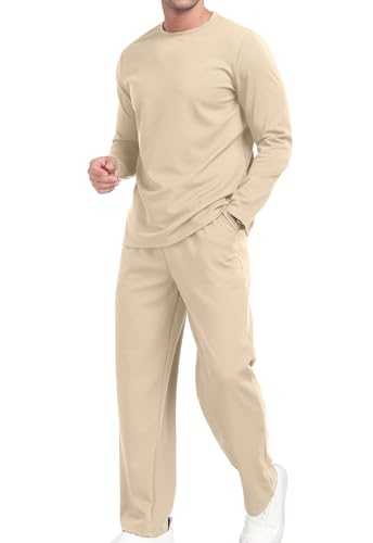 KUYIGO Men's Crew Neck 2 Piece Outfits Long Sleeve Pullover Set Waffle Tops Bottoms Casual Mens t Shirt Suit Sweatshirt and Joggers Loungewear S-XXL