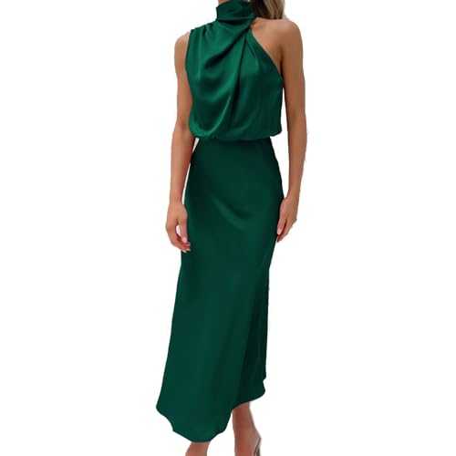 Women Sleeveless Mock Neck Cocktail Dresses Keyhole Elastic Waist Party Wedding Guest Satin High Split Maxi Dress Elegant Halter Neck Bridesmaid Evening Long Dresses Sale Clearance