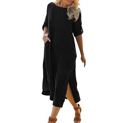 PADON Blue Dress Women Summer Dress Round Neck Loose Elegant Cotton Linen Casual Retro Long Sleeve Slit Boho Beach Sundress Neon Dress