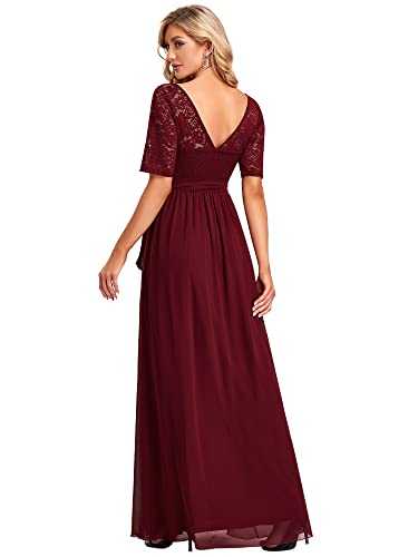 Ever-Pretty Women's Round Neck Half Sleeve Floor Length Empire Waist A Line Lace Chiffon Plus Size Formal Dress Burgundy 20UK