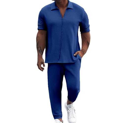 Male Summer Commuting Suit Solid Color Textured Water Ripple Casual Shirt Short Sleeve Trousers Two Piece Set Homecoming Outfits Men