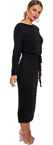 Crazy Girls Women Ladies Cable Knitted Side Pocket Long Sleeve Tie Up Midi Party Jumper Dress