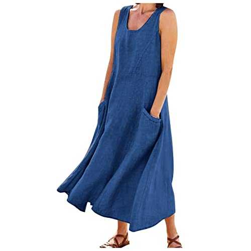 Maxi Dresses for Women UK Cotton Linen Casual Long Dress Sleeveless Hem Swing Round Neck Beach Dress Loose Corset Dress