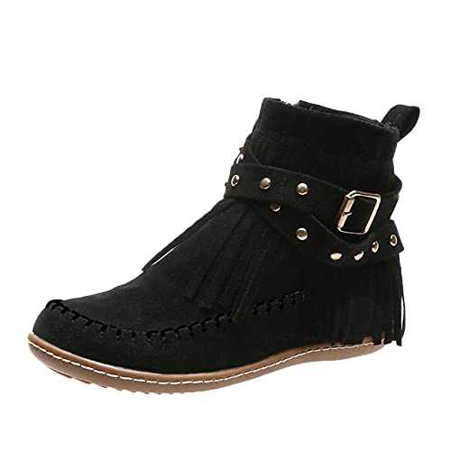 Western Ankle Boots Vintage Ankle Boots Slip On Boots Elegant Retro Fashion Boots Shoes Short Booties Round Zip Toes Women Flat Colour Solid