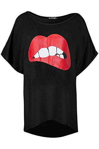 Fashion Star Womens Lips Lagenlook Batwing Round Neck Oversized Baggy High Low Tee Top