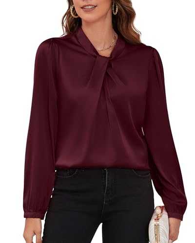 COUXILY Womens Satin Silk Blouses Business Casual Dressy Elegant Shirts Mock Neck Long Sleeve Twist Front Office Work Tops