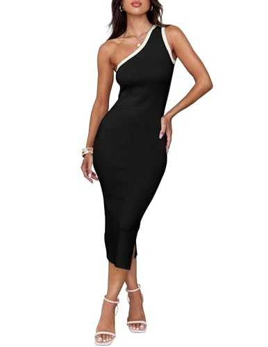 ZESICA Women's Summer One Shoulder Bodycon Midi Dresses 2024 Casual Sleeveless Ribbed Knit Side Slit Vacation Dress