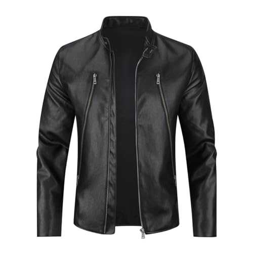 Allthemen Mens Leather Jackets Casual Stand Collar Jacket Full Zipper Bomber Jacket Long Sleeve Outdoor