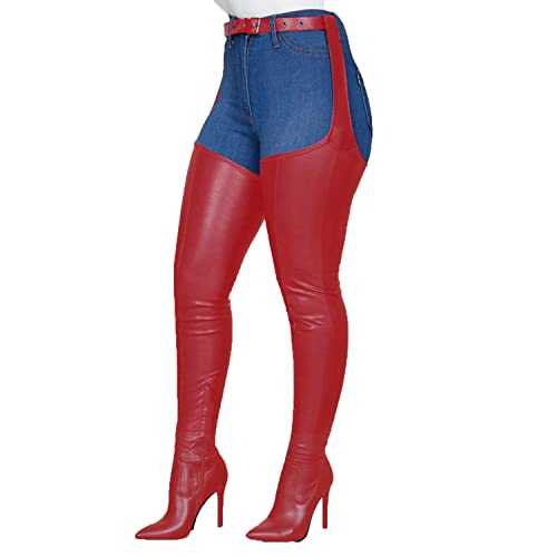 bbruriy Women PU Leather Stretch Over The Knee Boots Stiletto Heel High Thigh High Boots Fashion Zipper Sexy Pointed Toe Long Boots with Adjustable Waist Belt