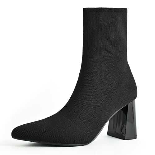 Knit Ankle Boots for Women Chunky Block Heel Chelsea Boots Stretchy Breathable Knit Sock Booties for Fall Slip On Comfortable Winter Boots 2024 Trendy