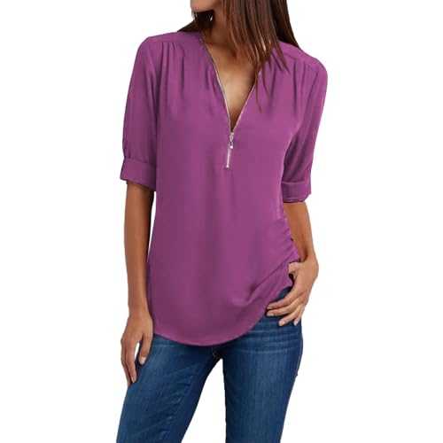Cocila Women Casual Blouse Ladies Clothing V Neck Loose Shirt Chiffon Half Zipper Solid Color a Quater Sleeves Breathable and Comfortable Tunic for Women Plain Top Basic Outerwear Work Shirts