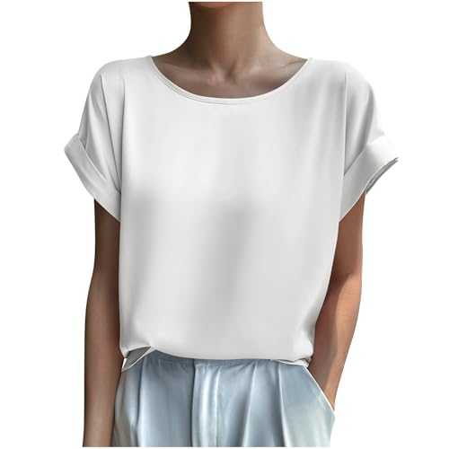 Mrat Satin Blouse for Women UK Short Sleeve Crewneck Tops Elegant Lightweight Shirts Casual Loose Tunic Tops Ladies Evening Tops Going Out Tops Office Wear Work Tops Party Shirts Business Tops Sale