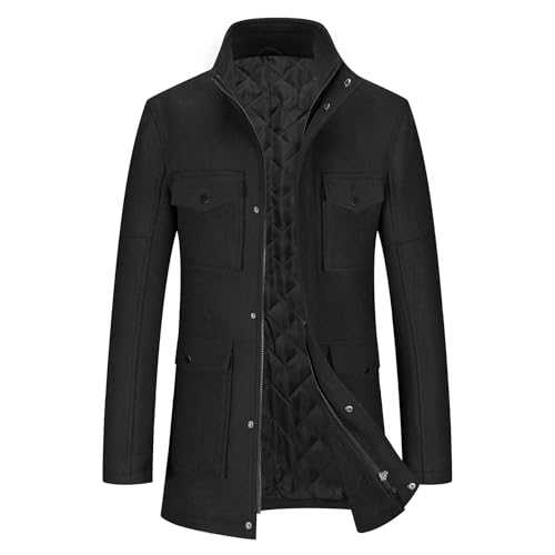 YOUTHUP Men's Winter Coat Regular Fit Wool Trench Coats Multi-Pockets Hip-Length Thick Peacoat