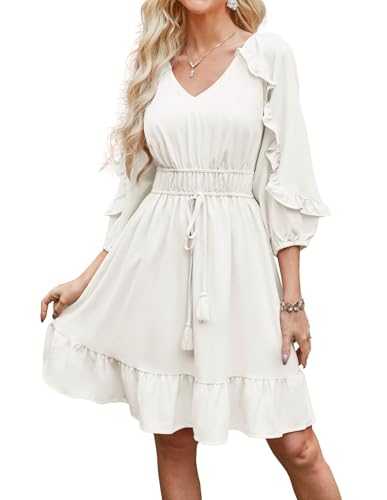 GRACE KARIN Women Summer Dresses Casual Dress Long Sleeves V-Neck A-Line Ruffles Dress