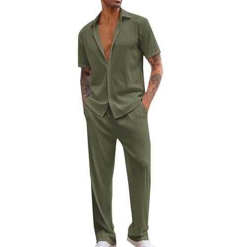 Duohropke Two-piece linen leisure suit, men's linen suit, summer 2-piece shirt, long sleeve and beach trousers, made of cotton and linen, leisure suit, jogging suit, yoga suit