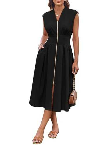 GRACE KARIN Women's Zipper Front Dress V Neck A Line Pleated Waist Cocktail Midi Party Wedding Dress with Pocket