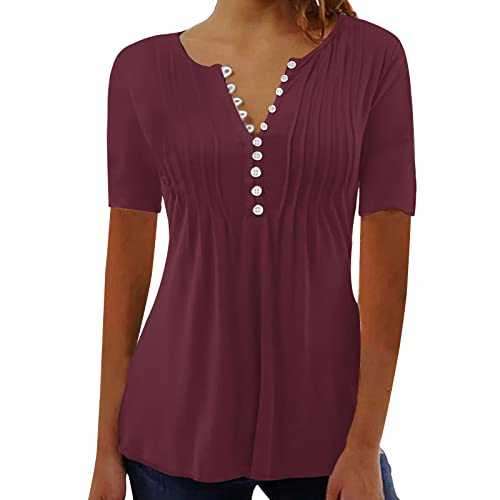 Women Summer T-Shirt Vintage Graphic Printed Tees Short Sleeve Oversize Tops Loose Fit Casual Henley Shirts Ladies Plus Size Button Up V Neck Blouse Pleated Tunic Tops