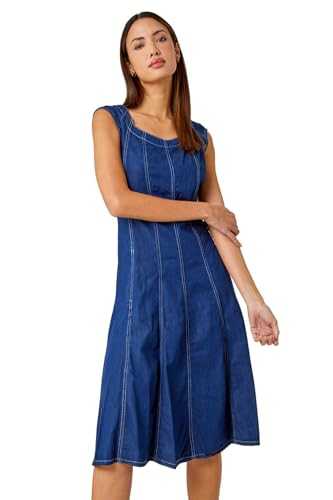 Roman Originals Women Denim Fit and Flare Dress - Ladies 100% Cotton Daywear Everyday Casual Spring Summer Garden Party Holiday Cap Sleeve Knee Length Skater Dress - Denim - Size 16