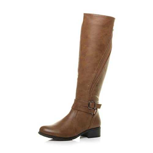 AJVANI Womens Ladies Low Heel Flat Stretch Calf Zip Buckle Strap Riding Biker Boots Size.
