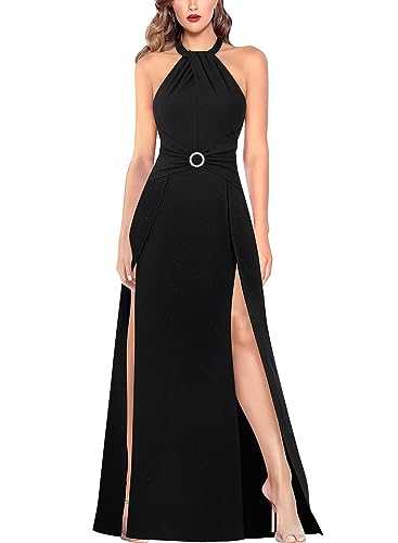 VFSHOW Womens Halter Neck Ruched Bow Double Slit Formal Prom Maxi Dress Keyhole Backless Wedding Guest A-Line Evening Gown