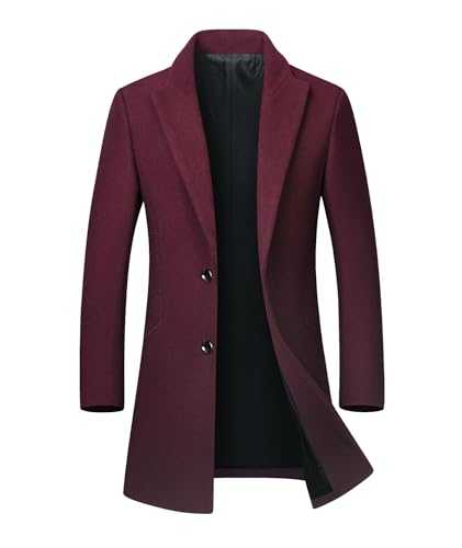 ECDAHICC Men's Casual Slim Fit Trench Coat Notch Collar Single Breasted Wool Coat Winter Midi Length Warm Outerwear
