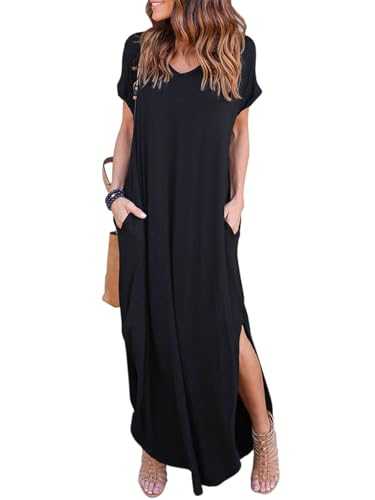 HUSKARY Women's Summer Maxi Dress Casual Loose Pockets Long Dress Short Sleeve Split