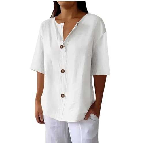 Ladies Tops Womens Blouse Shirt with Pockets Short Sleeve Cotton Linen Business Office Casual Tunic Button Down Shirts Oversized Plain Loose Fit Dressy Tee Shirt for Work Fashion V Neck Summer Tshirt