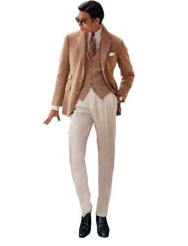 Pkrboro Men's 3-Piece Suit Single Breasted Button Herringbone Jacket Vest with Pants for Prom/Business/Casual