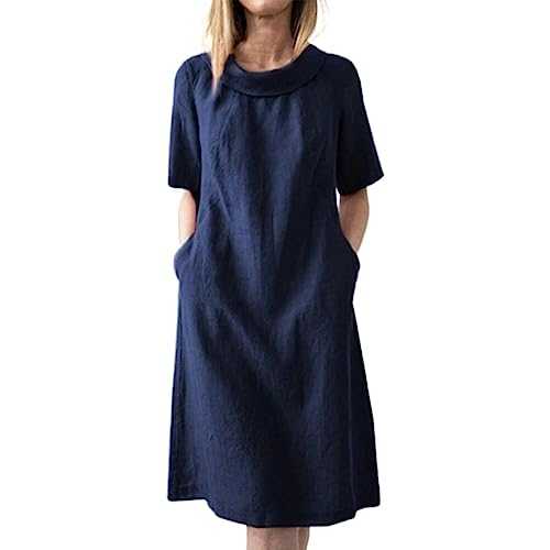 AMDOLE Tunic Swing Dresses for Women Fashion Women's Solid Color Casual Loose Solid Color Cotton Linen Short Sleeve Round Neck Women's Dresses Plus Size Dress Casual
