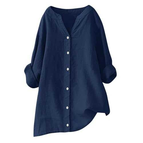 Womens Linen Tops UK 2025 Long Sleeve Shirts Summer Cotton Linen Button Down Women's Elegant Plain Casual V Neck Roll Up Sleeve Tee Comfy Solid Loose Fit Tops T-Shirts