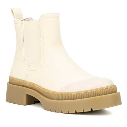 Olivia Miller Women's Fashion Shoes, Zadie Canvas w Elastic Double Gore, Slip On Casual Bootie Lug Sole Round Toe Chunky Heel Chelsea Short Ankle Boots