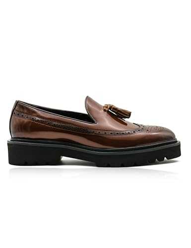Mens Patent Glossy Real Leather Tassel Loafer Retro Handmade Brogue Shoes Rubber Lug Sole