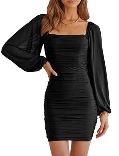 MASCOMODA Women Elegant Mesh Long Sleeve Mini Ruched Bodycon Dress Square Neck Lantern Sleeve Slim Short Party Cocktail Dress