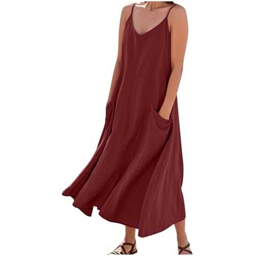Ydsxlp Womens Summer Maxi Dress Sexy V-Neck Spaghetti Strap Camisole Dresses Ladies Solid Color Cotton Linen Ruffle Swing Dress Plus Size Casual Long Dresses with Pocket for Daily
