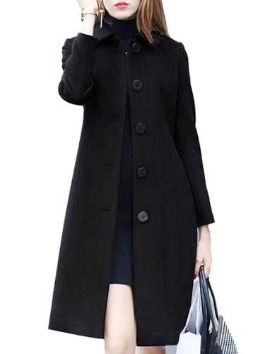 renvena Women's Classic Long Trench Coat Wool Blend Pea Coat Casual Winter Fall Long Sleeve Outwear Black L