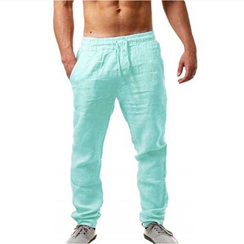 Men's Linen Trousers, Elasticated Waist Straight Leg Trousers, Loose Fit Summer Beach Yoga Pants, Lightweight Breathable Jogging Drawstring Tracksuit Bottoms, Casual Running Sports Pants