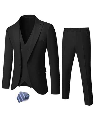 YND Men's 3 Piece Slim Fit Suit Set, One Button Peak Lapel Solid Business Blazer Jacket, Double Breasted Vest Pants and Tie