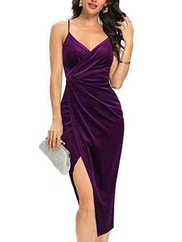 Missufe Women's Sleeveless Velvet Spaghetti Strap Wrap V Neck Bodycon Ruched Slit Party Midi Glitter Dress