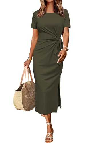 Newshows Dresses for Women UK Long/Short Sleeve Ladies Casual Maxi Dress Tie Waist Elegant T Shirt Sundress with Split