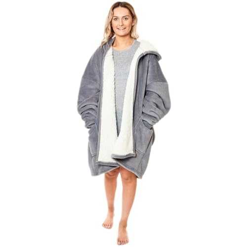 Sienna Zip Up Oversized Blanket Hoodie Wearable Blanket Women Men Hooded Cosy Warm Sherpa Fleece Cardigan, One Size - Charcoal Grey