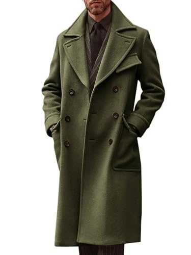 Runcati Mens Trench Coat Notch Lapel Double Breasted Peacoat Wool Blend Casual Long Overcoat