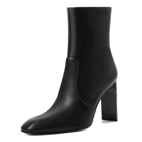 Synchoiss Ankle Boots for Women Chunky High Heel Black Boots Square Toe Rubber Sole Zipper Leather Boots Winter Fall Shoes Short Booties