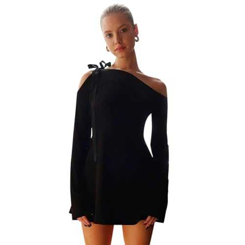 BKEPDY Womens Sexy Mini Dress Off Shoulder Long Sleeve Dresses Bodycon Elegant Casual Ruffle Trim Cocktail Dress Aesthetic Party Club Cami Dress Clubwear
