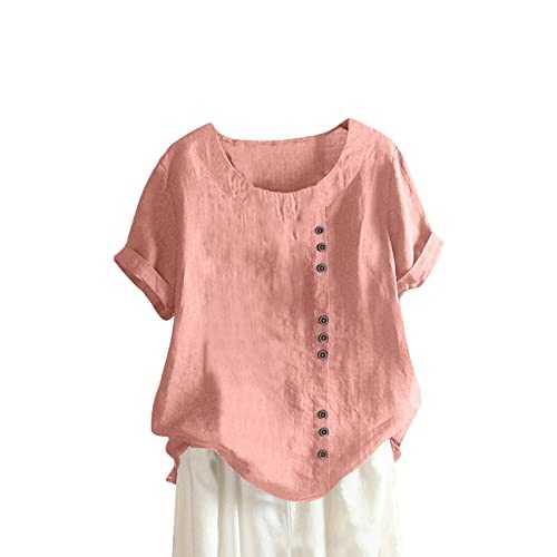 Women's Fashion Short Sleeve Summer T Shirts Casual Oversized Temperament Crew Neck Tops Cosy Button Front Vintage Hemp Blouses Simple Graphic Solid Shirts, S to 5XL