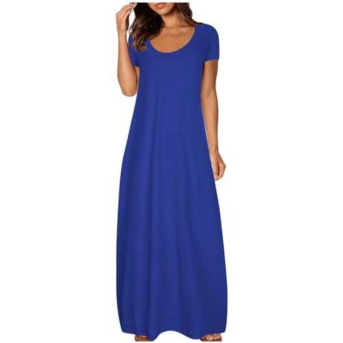 Ladies Summer Dresses for Women UK Plus Size Maxi Wedding Guest Dresses Casual Short Sleeve Crew Neck Prom Swing Dress Flowy Soft Beach Party Prom Sundress with Pockets Solid Color Slim Outfits