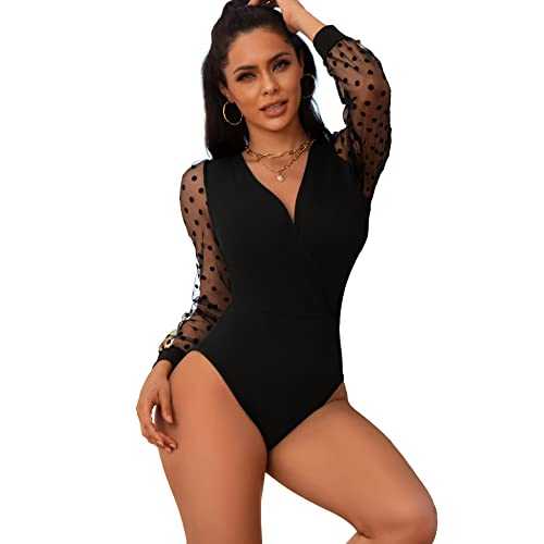 comeondear Women Lingerie Mesh Lace Deep V-neck Long Sleeve Black Polka Dot Leotard Bodysuit Jumpsuit Clubwear Tops UK 8-16