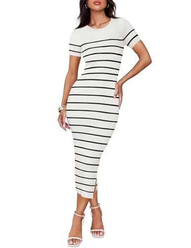 ZESICA Women's Summer Bodycon Midi Dress 2024 Striped Short Sleeve Ribbed Knit Slim Fit Side Slit T Shirt Dresses