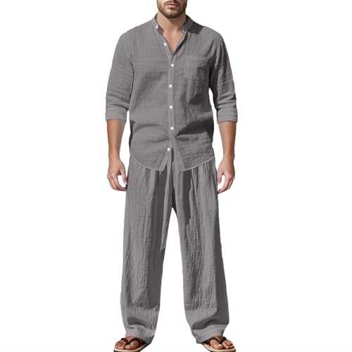 Generico Men's Cotton Shirt Set 2 Piece Suit Casual Henley and Pants Breathable Long Sleeve Button Down Collar Shirt Summer Vacation Beach Fashion Solid Color